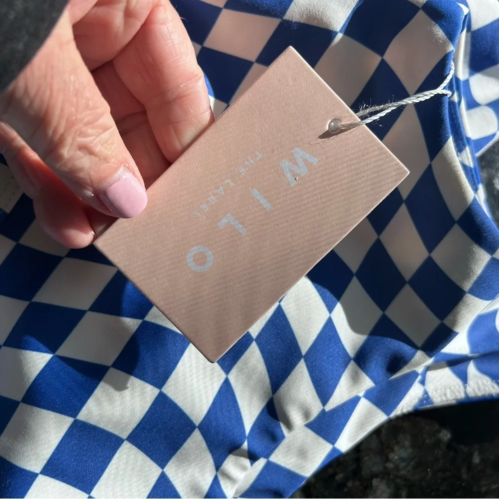 NWT Wilo The Label Blue and White Check The Wave Bike shorts and Bra set. Medium - Picture 7 of 11